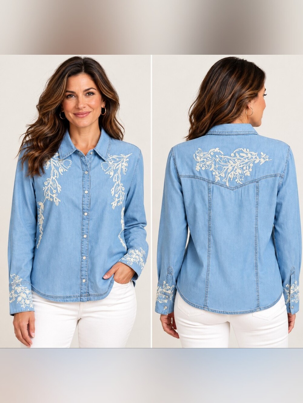 Solitaire Embroidered Pearl Snap Chambray Western Shirt NWT L A339